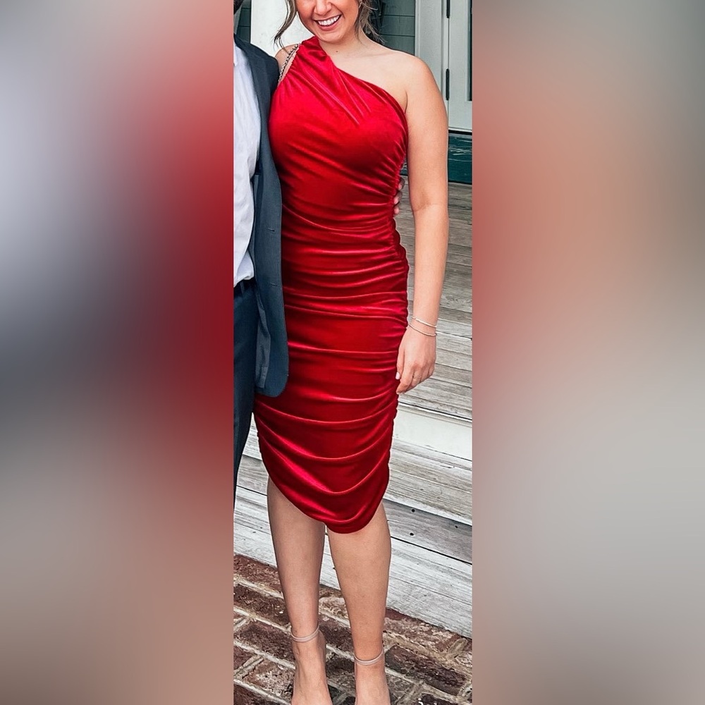 Red Velvet Midi One Shoulder Cocktail Dress